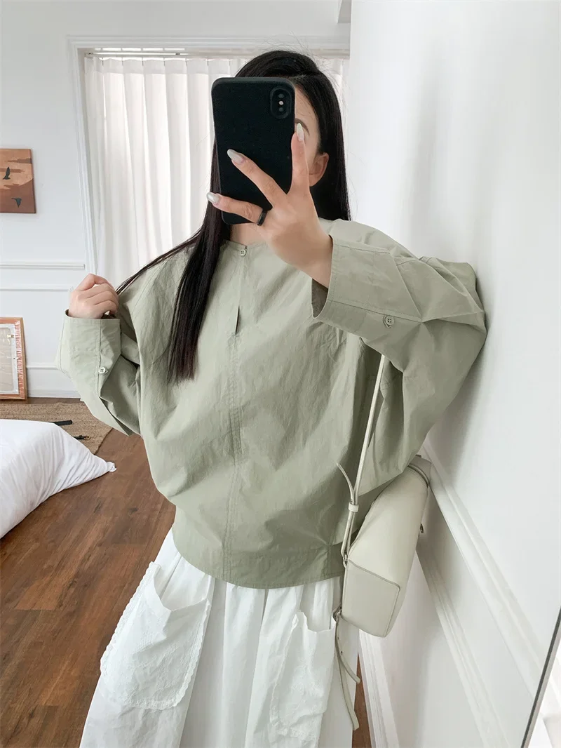 

Women Design Loose Blouse Solid Color Half Placket Design Long Sleeve Female Khaki Grey O-neck Simple Shirt Autumn 2024