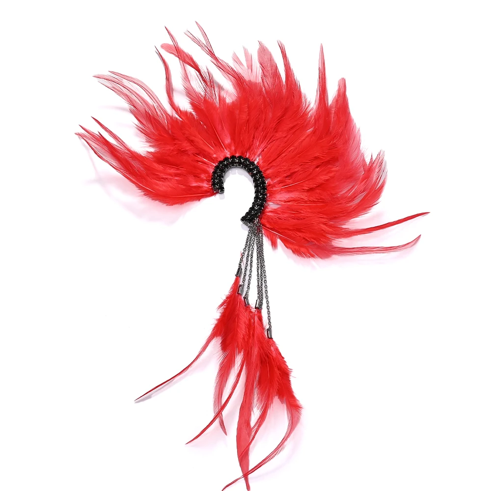 XSBODY Charm Red Feather Tassel Earrings Non Piercing Jewelry Gift Gorgeous Long Pendant Rhinestone Ear Cuff for Women Holloween