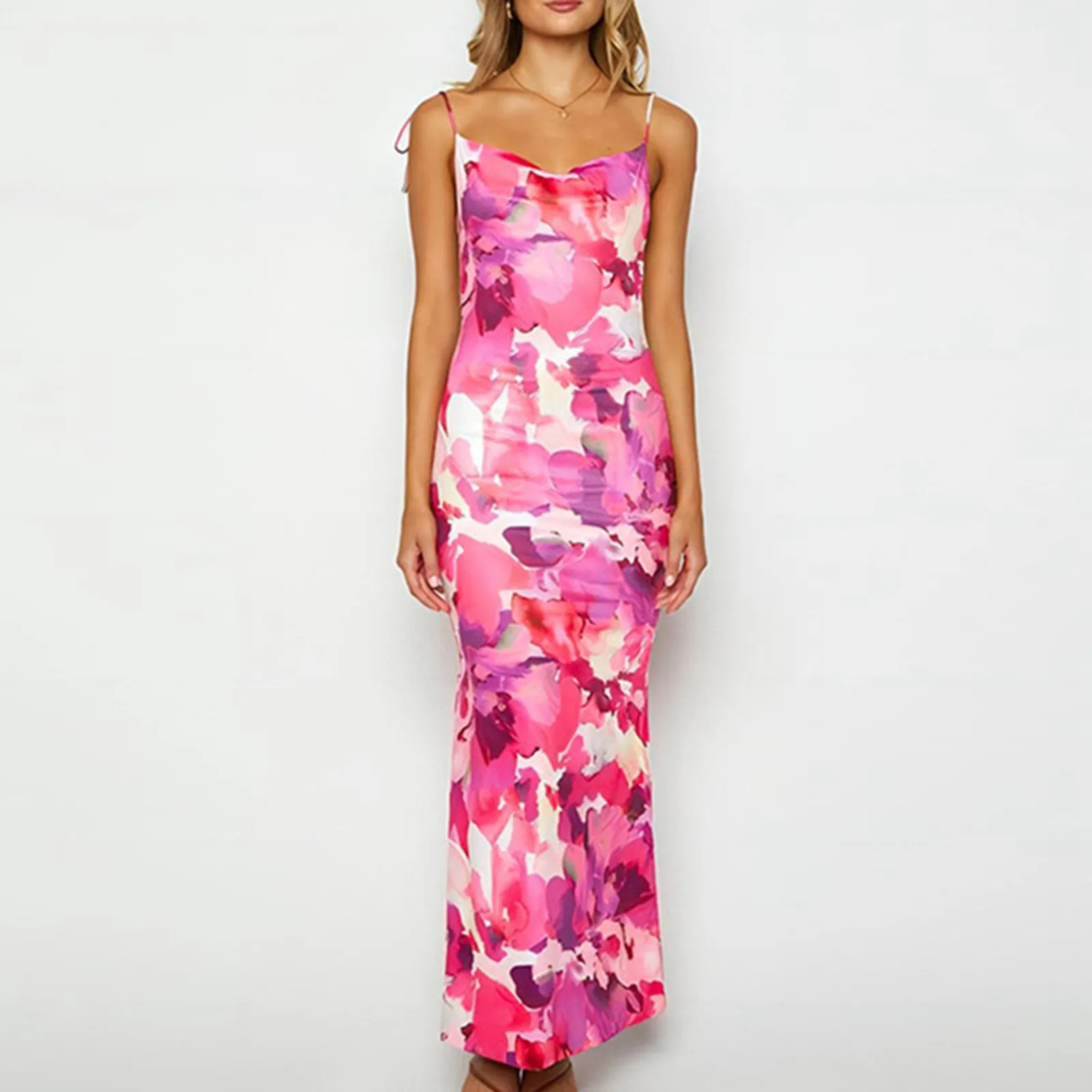 Damesjurken Bloemenprint Spaghettibandje Mouwloos Backless Slanke Sexy Maxi-Jurk 2024 Dames Elegante Strandfeestjurken