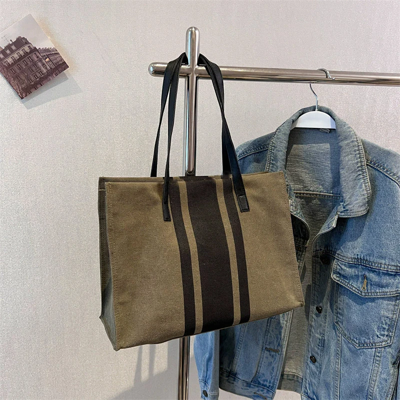 

Minimalist Stripe Shoulder Bag Large Canvas Handbag for Travel Camping Portable Briefcase Women's Crossbody Bag