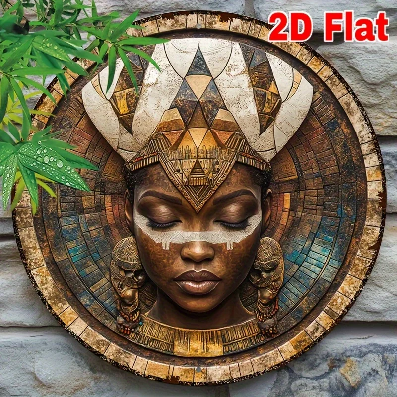 2D Flat, African Goddess Wall Art - 8x8 Inch Round Recycled Wood Mosaic with Intricate Tribal Geometric Patterns & Golden Accent