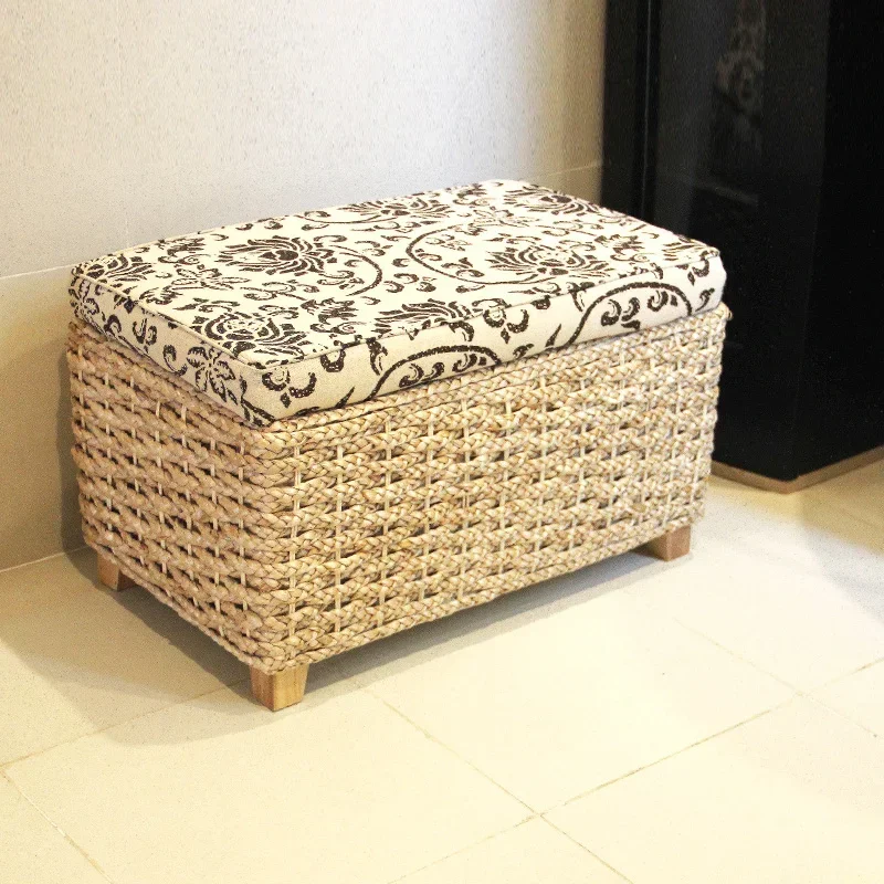 Handmade Straw Solid Wood Shoe Changing Stool Ottoman Rattan Storage Chair Dual-Use Foot Stools Sofa Seat