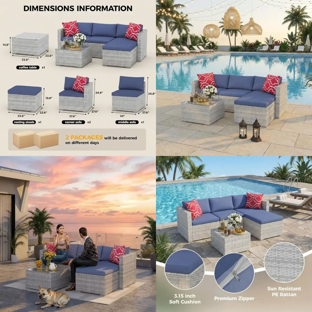 

Всепогодный коричневый комплект секционной мебели для патио из ротанга PE с подушками, стеклянным кофейным столиком и табуретами для улицы