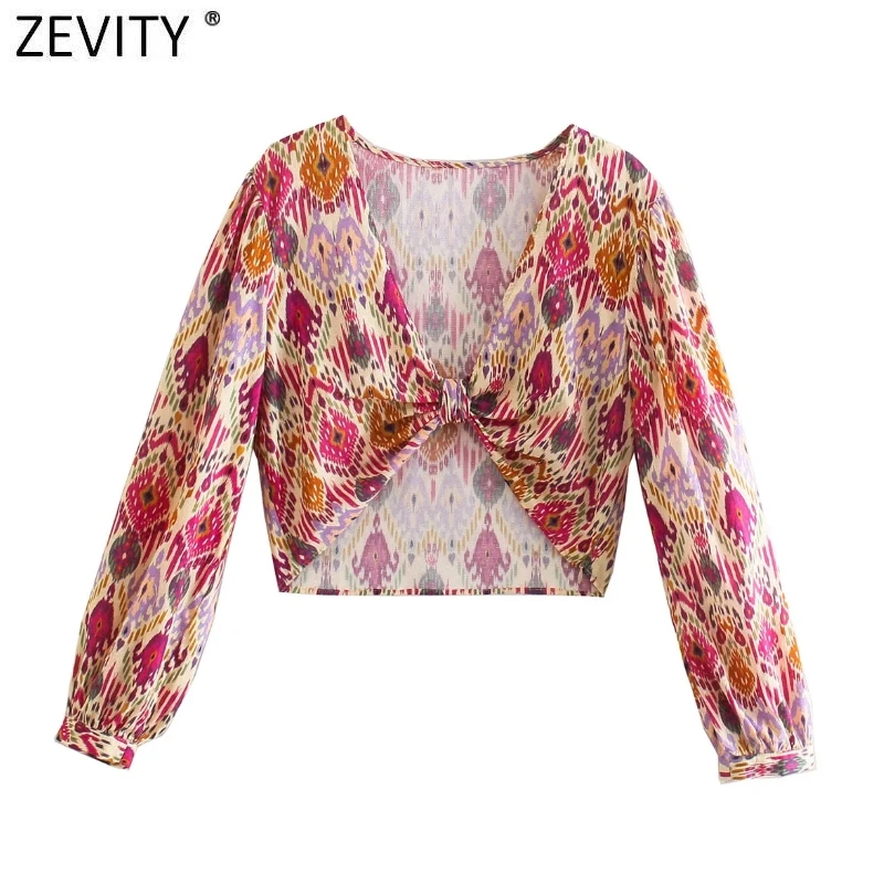 Zevity 2021 New Women Sexy V Neck Knotted Short Blouse Female Floral Print Side Zipper Smock Shirts Chic Blusas Crop Tops LS9699