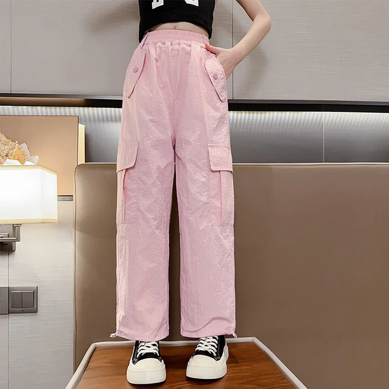 Girls Cargo Trousers Spring Fashion Teen Oversize Pants With Belt Pockets Harajuku Vintage Loose Straight Summer Kids Clothes