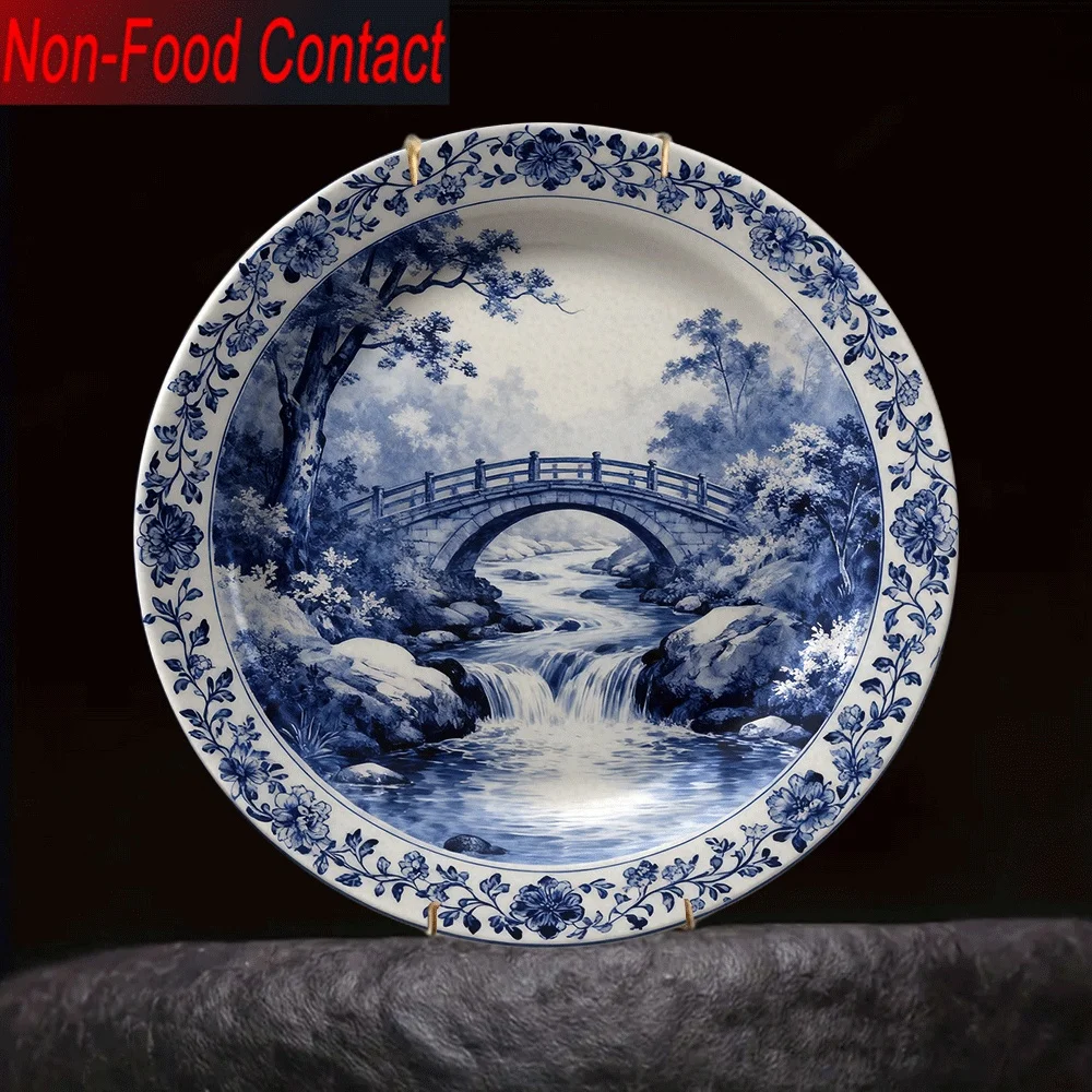 2D Flat, 1pc Ceramic Decorative Plate - and Landscape with Bridge & Waterfall Design, Non-Food Contact, Classic Home Decor for