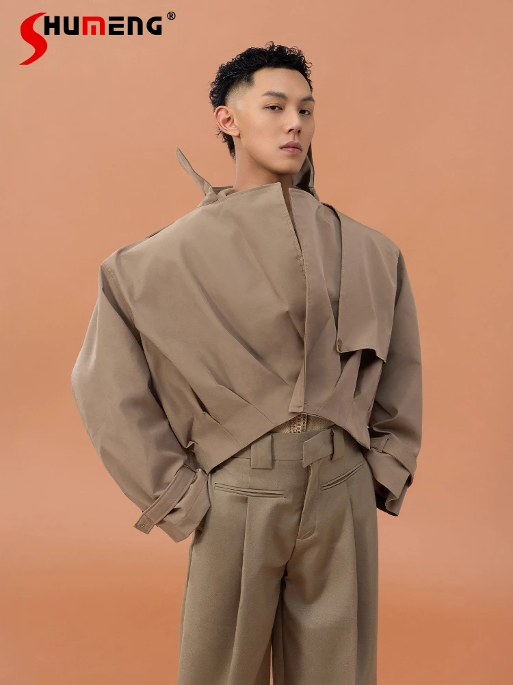 

Male Solid Color Handsome Trench Coat Jackets Men 2025 Autumn New Loose Comfort Splicing Design Jackets Simple Multi-layer Coats