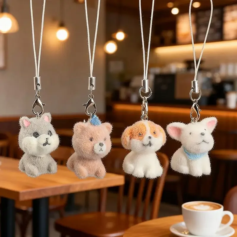 2Pcs Flocking Resin Dog Keychains Bag Pendant Cartoon Animal Mobile Phone Lanyard Accessories Hanging Decoration