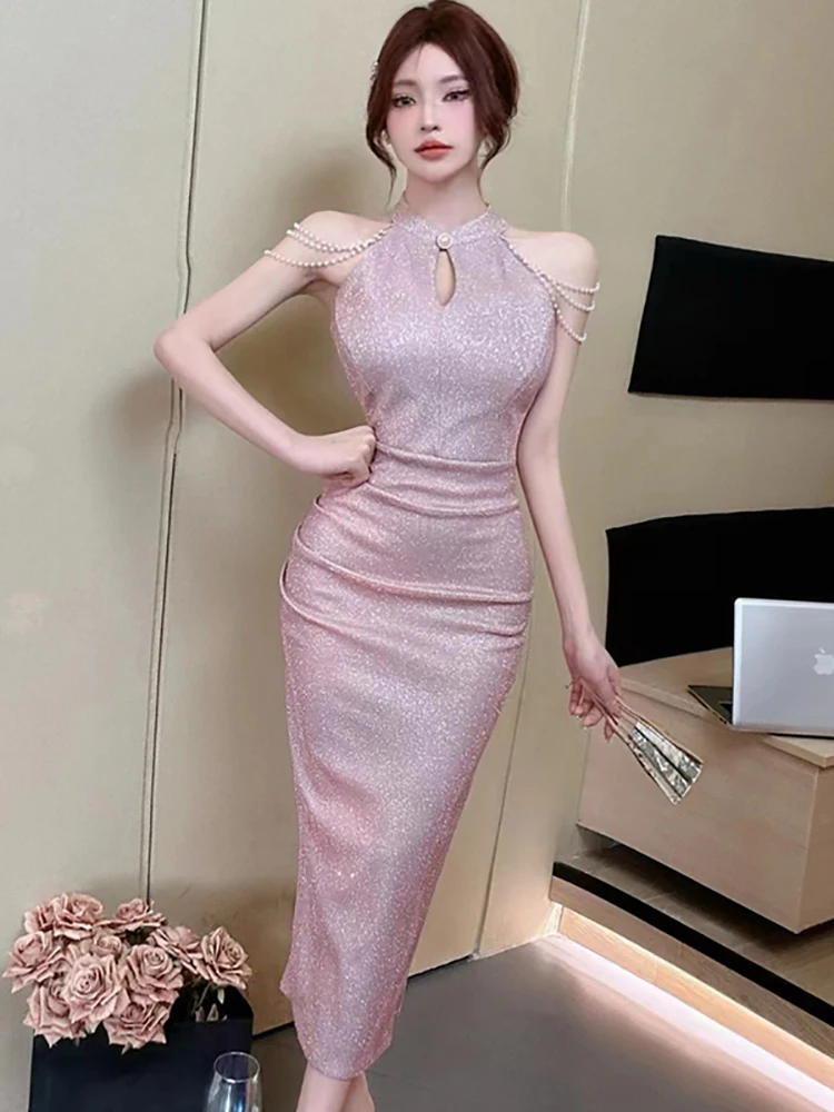 Women Purple Luxury Beading Neck-mounted Sexy Dress Spring Summer Elegant Dance Party Dress 2024 Korean Vintage Bodycon Vestidos