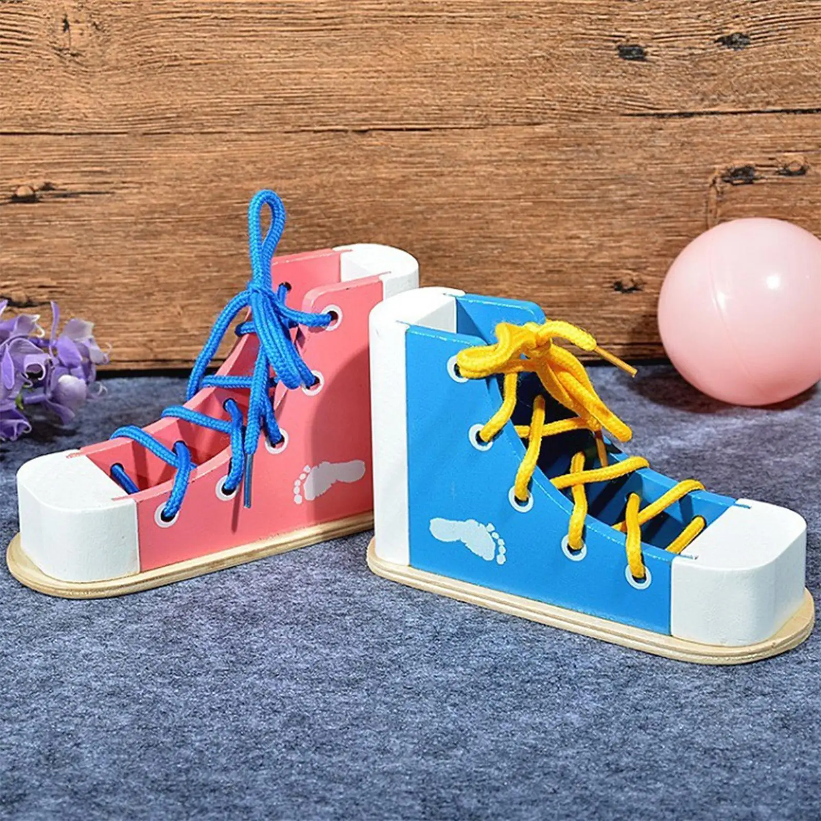 2PCS Colorful Practice Montessori Learning to Tie A Shoe Educational Toy Wooden Shoe Tying Aid for Children Eye-HandCoordination