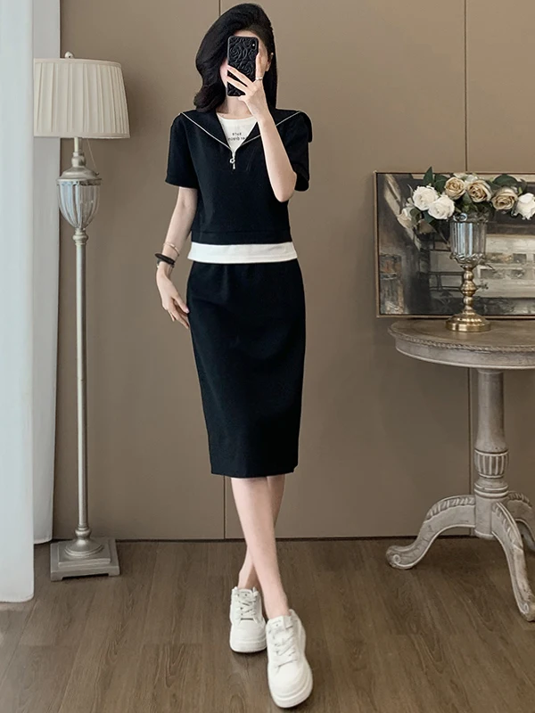 

Elegant Black Casual Sportswear Set Women Summer Fashion Anti-aging Fake Two-piece Short Sleeve Top Half-length Skirt Two-pie...