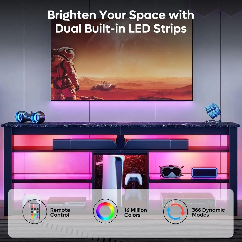 70 TV Stand with Tall Entertainment Center, LED Lights, Gaming Storage, Suitable for PS5, Ideal for Living and Bedroom Spaces, B view 4