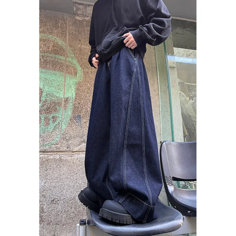 Jeans Denim Kaki Lebar Biru Tua Celana Panjang Potongan Lurus Longgar untuk Pria Celana Panjang Pinggang Rendah Sle Amerika Antik Musim Gugur Musim Dingin