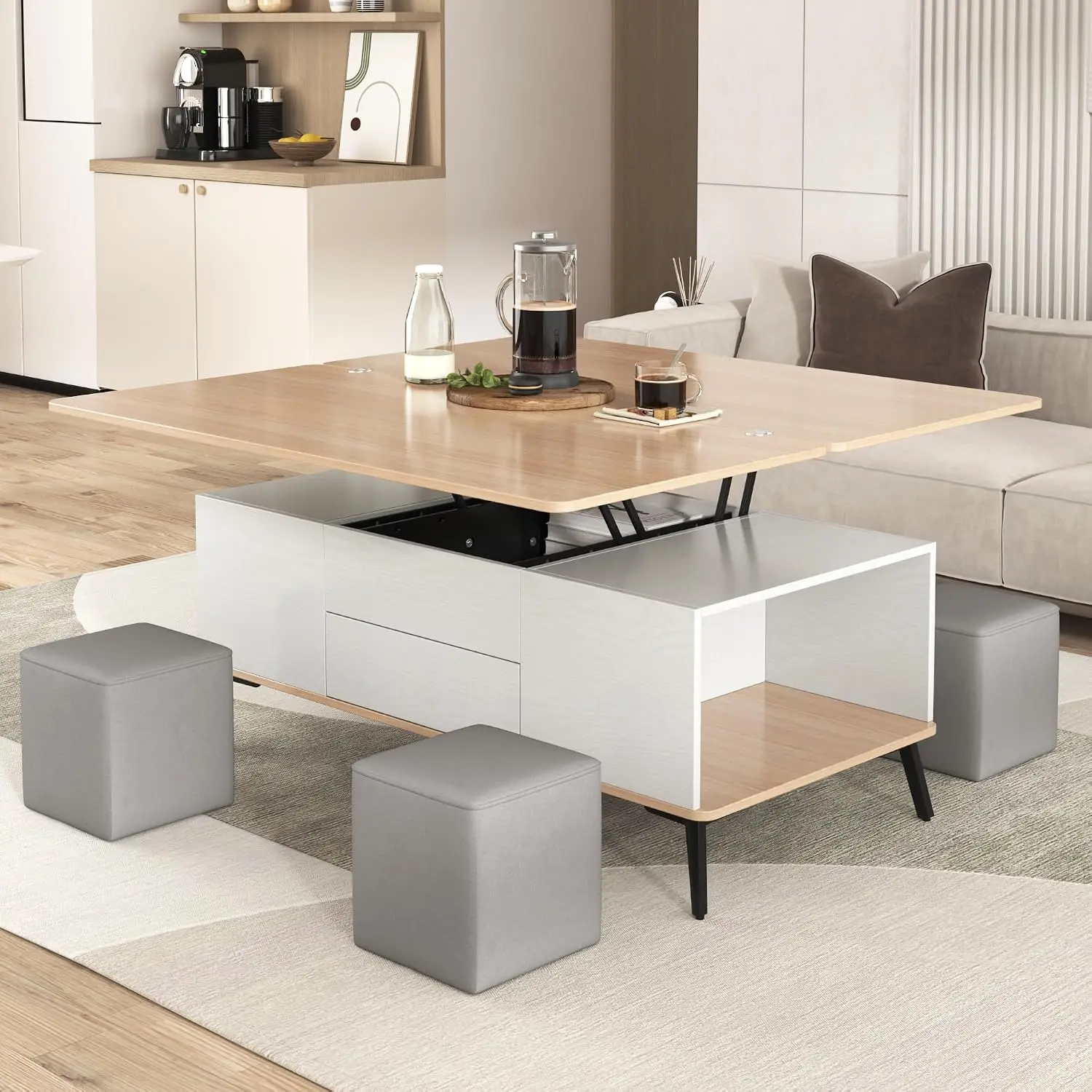 Modern Lift Top Coffee Table Set with 4 Stools Set and Extendable 1 Hidden Storage + 2 Drawers, Space Saving Folding Convertible