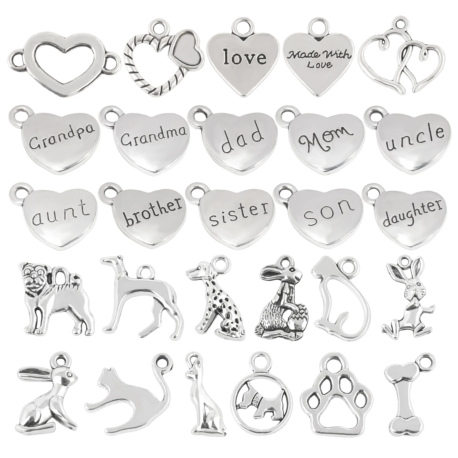 10pcs/lot Alloy Charms Fashion Mom Dad Love Heart Animal Shape Pendant Diy Drop Bracelet Earring Jewelry Making Accessories