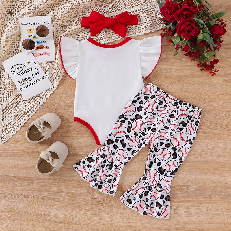 Baby Girls Summer 3PCS Sets Flying Sleeve Romper Baseball Print Flared Pants Headband Sets