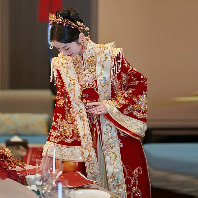 Xiuhe 웨딩 드레스, 벨벳 피닉스 크라운, 샤페이 한푸, 궁전 웨딩 드레스, 용과 피닉스 스커트