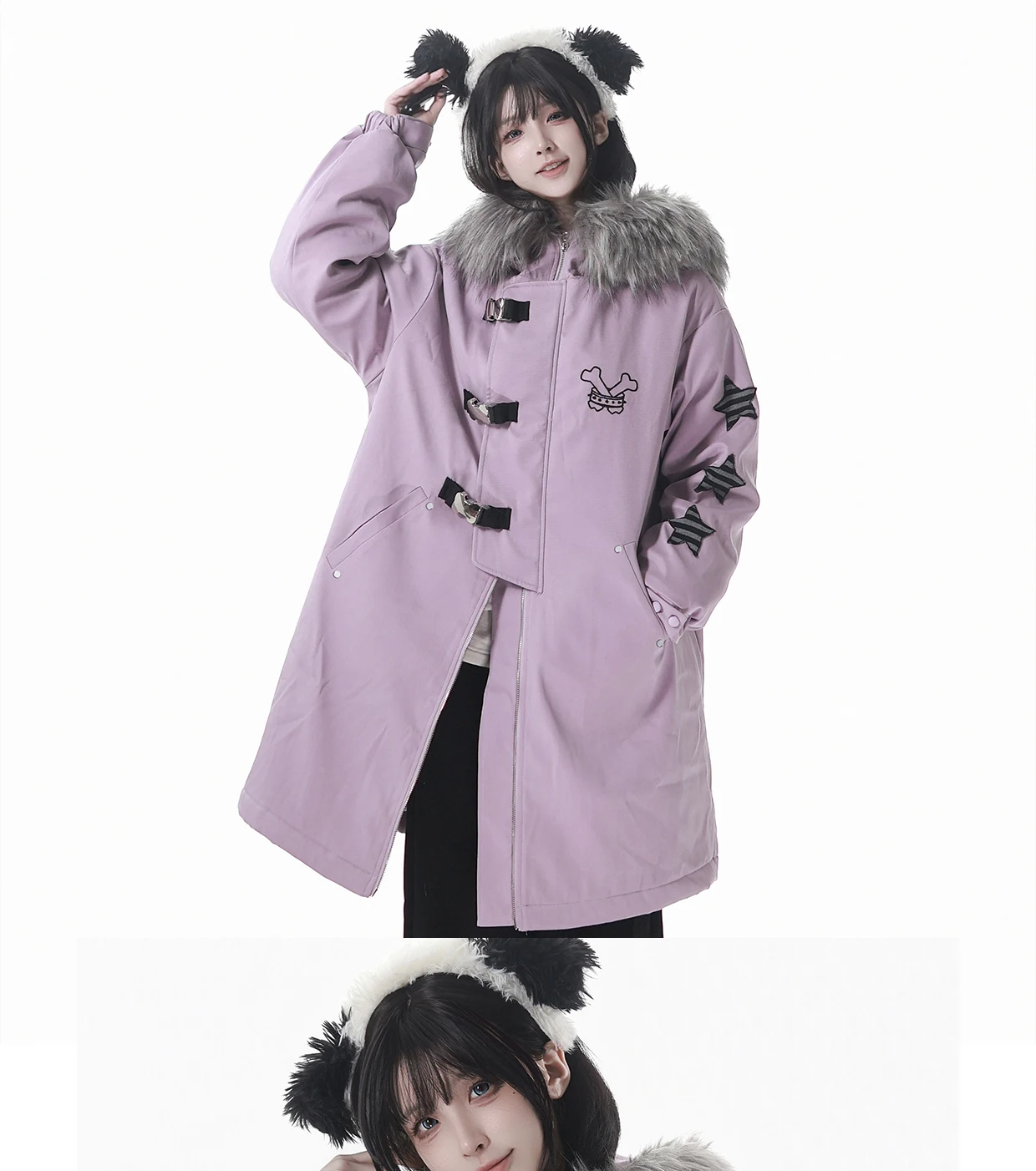 Black Fleece-Lined Parka with Faux Fur Collar High-End Mid-Length Parka with Star Patches Women Winter Thickened Parka Coat