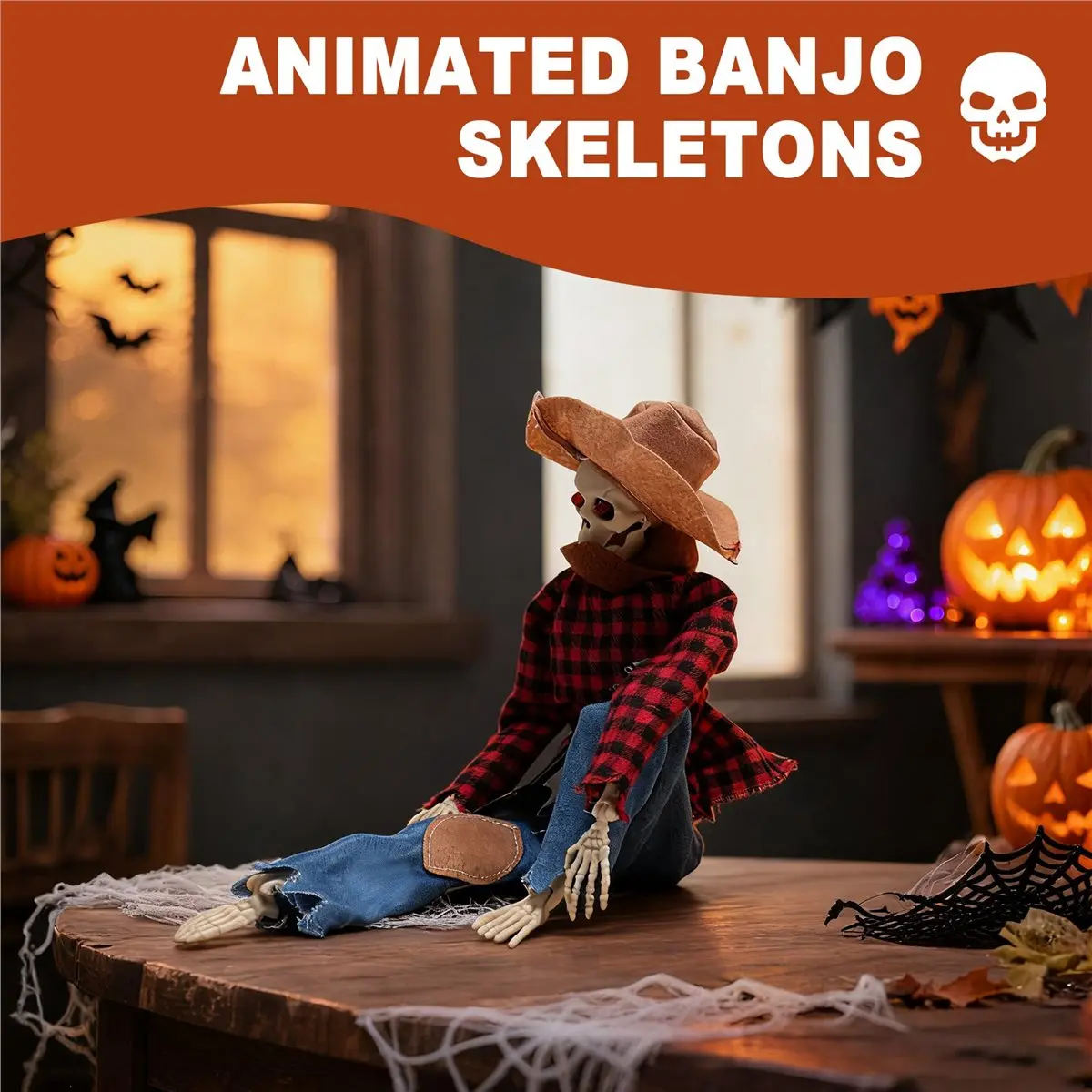 A08I Dueling Banjo Skeletons, Funny Animated Halloween Animated Banjo Skeletons with Light Eyes, Skeleton Musicians