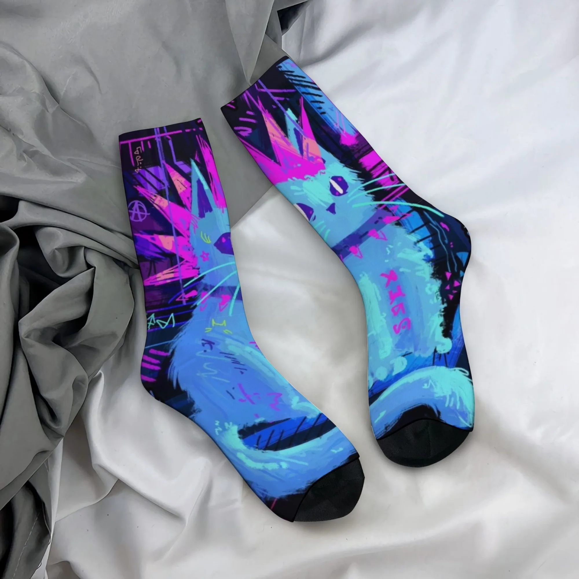

Neon Graffiti Punk Rock Cat Men's Socks Retro Style Street Fashion Crazy Hip-Hop Socks Novelty Funny Happy Crew Socks Party Gift