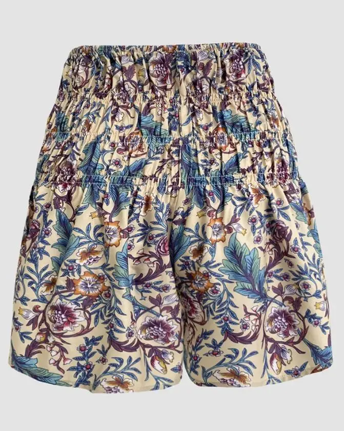 Printed high waisted elastic shirt shorts for women's fashionable and casual floral vacation shorts, new for summer 2025