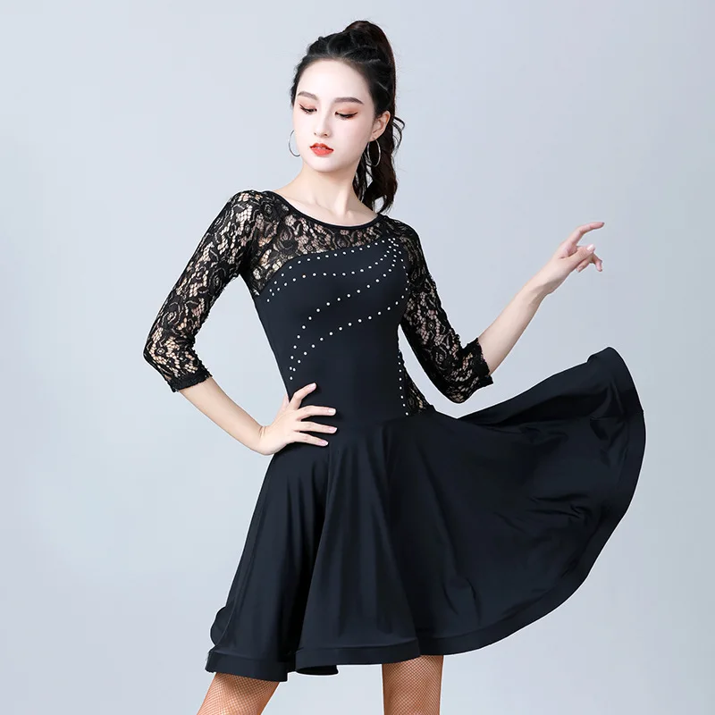 Vestido de baile latino para mujer, vestido negro de encaje con diamantes de imitación, cha, tango, 1 unidad por lote