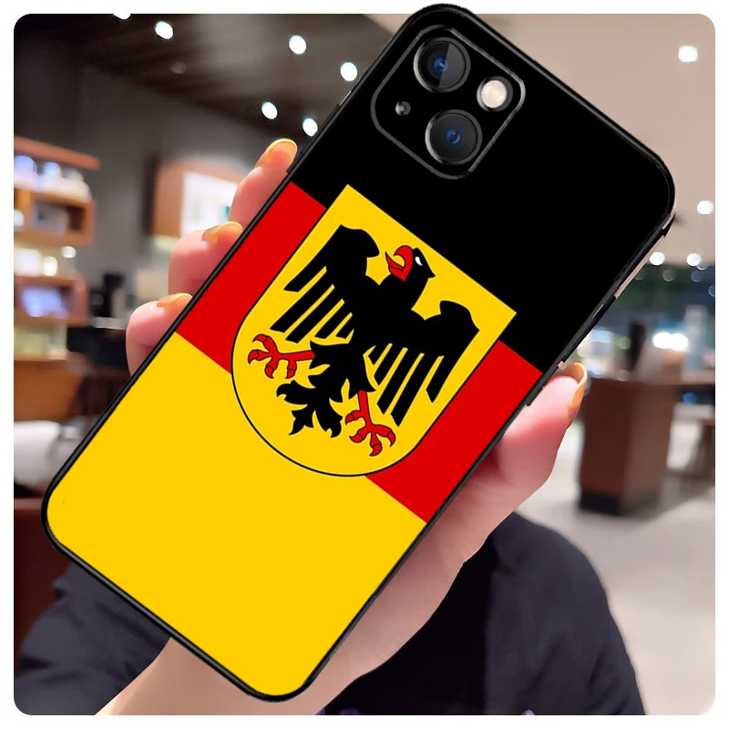 جراب شعار علم ألمانيا لـ iPhone ، غطاء خلفي لـ iPhone 16 و 13 و 14 و 11 و 12 و 15 Pro Max و X و XR و XS Max Plus و 14 Plus