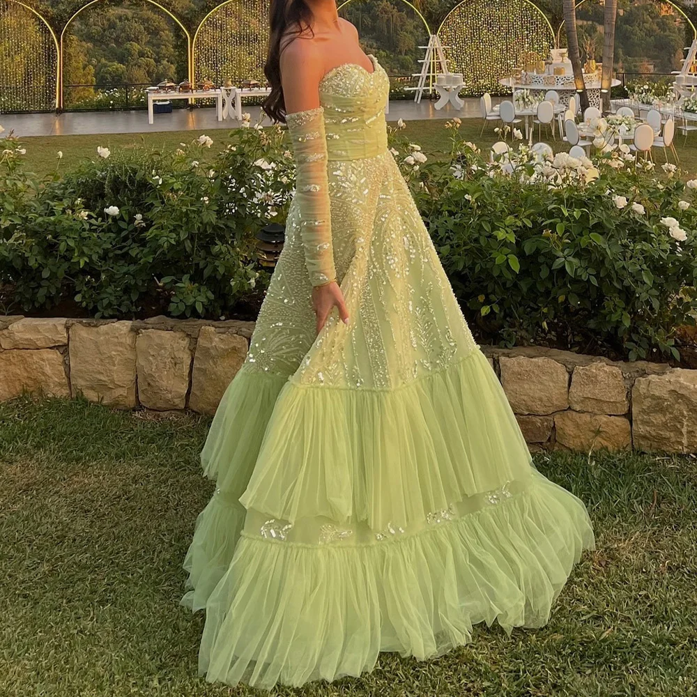 Customized Temperament Organza A-Line Detachable Sleeve Sequined Tiered Evening Dress High Quality Strapless vestidos de fiesta