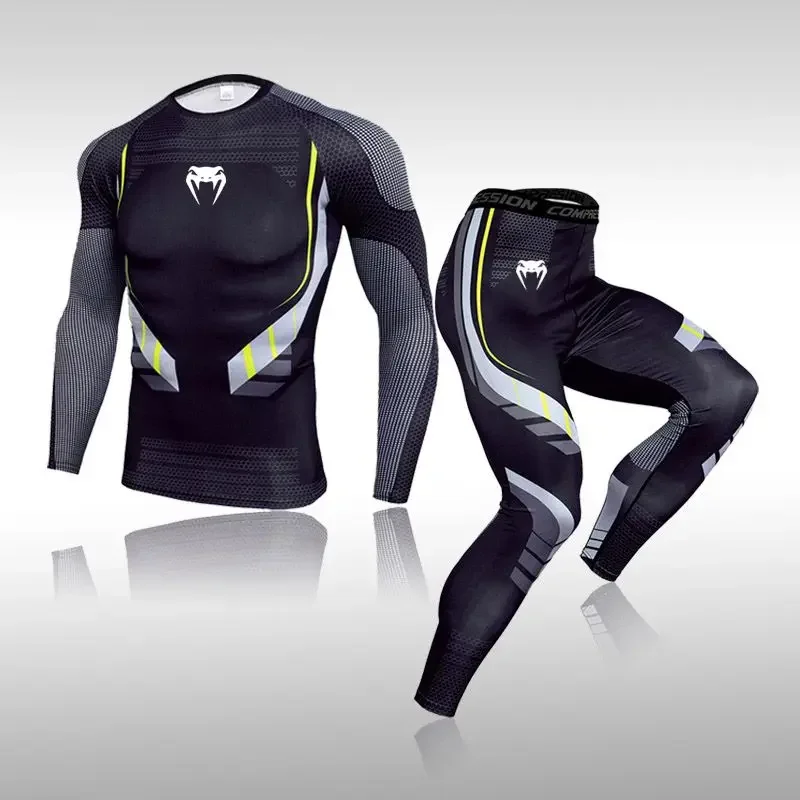 Venom Men Long Sleeve Compression Shirt Set High Elastic Quick Dry Running Basketball Sanda Training Gym