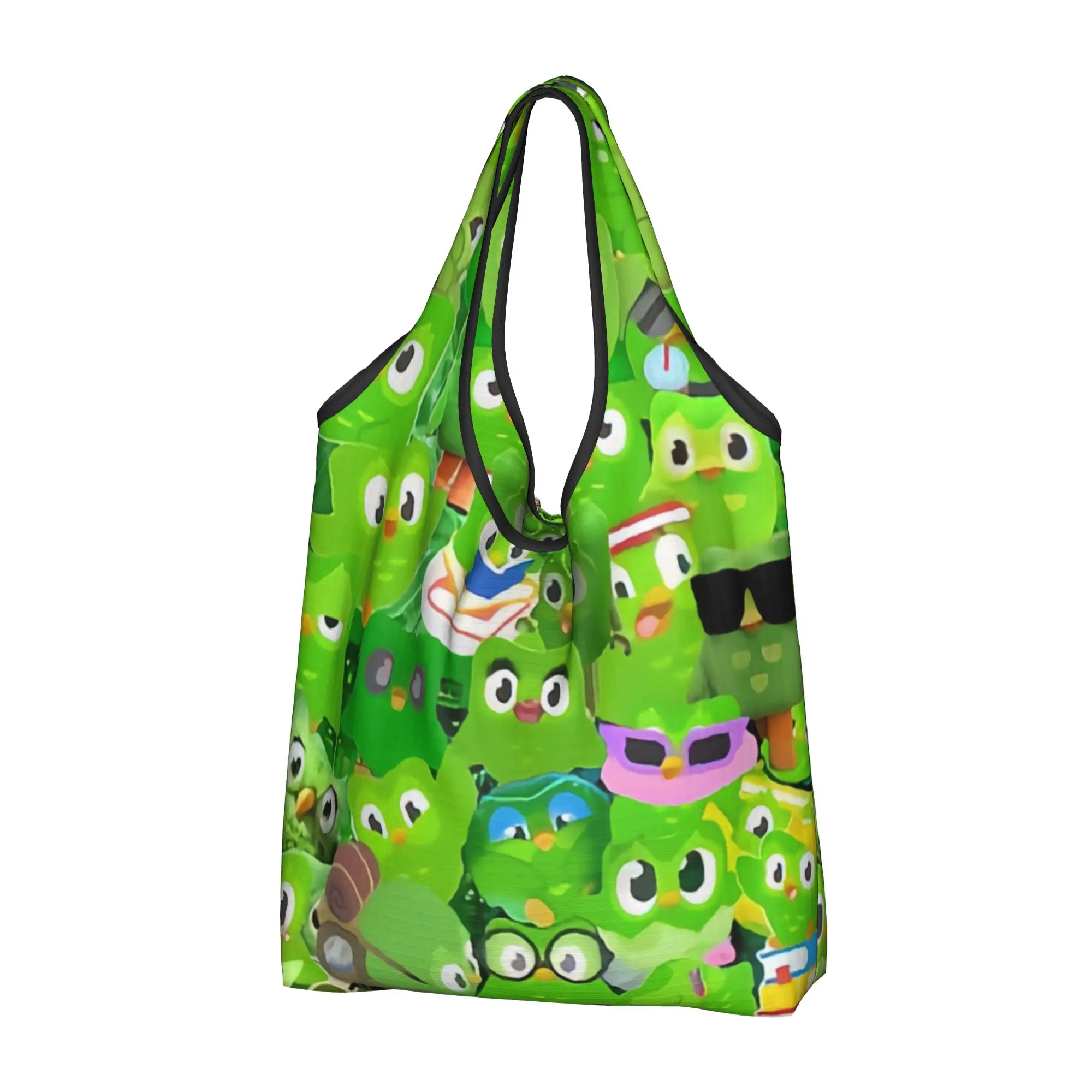 Cute Cartoon Duolingos Educational Parrot  Grocery Shopping Bags Custom Shopper Shoulder Tote Bags Big Capacity Portable Handbag