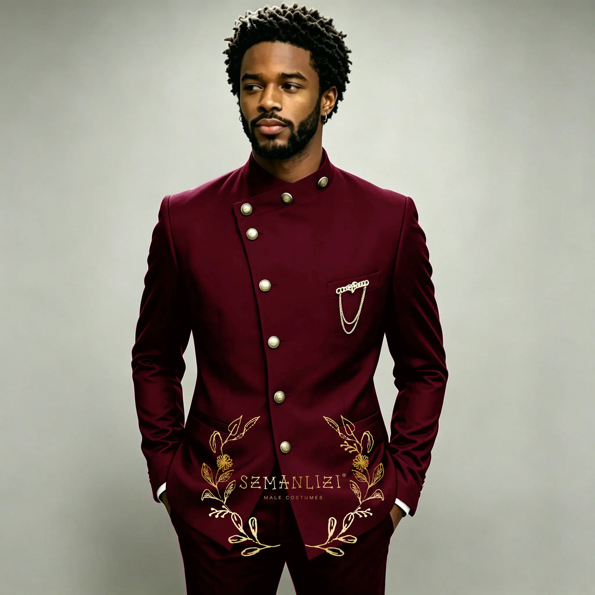 Navy Blue 2 Pieces Suit Set For Men Clothes Double Breasted Stand Collar Slim Fit Formal Tuxedo Wedding Suits Male Blazers Pant