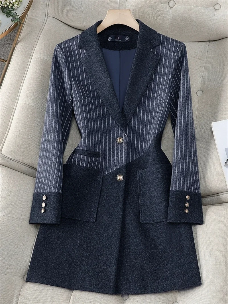 เสื้อเบลเซอร์ผ้าขนสัตว์ลายทางสำหรับผู้หญิง แขนยาว สไตล์ลำลอง เหมาะสำหรับใส่ทำงาน หรือเป็นเสื้อคลุมกันลม