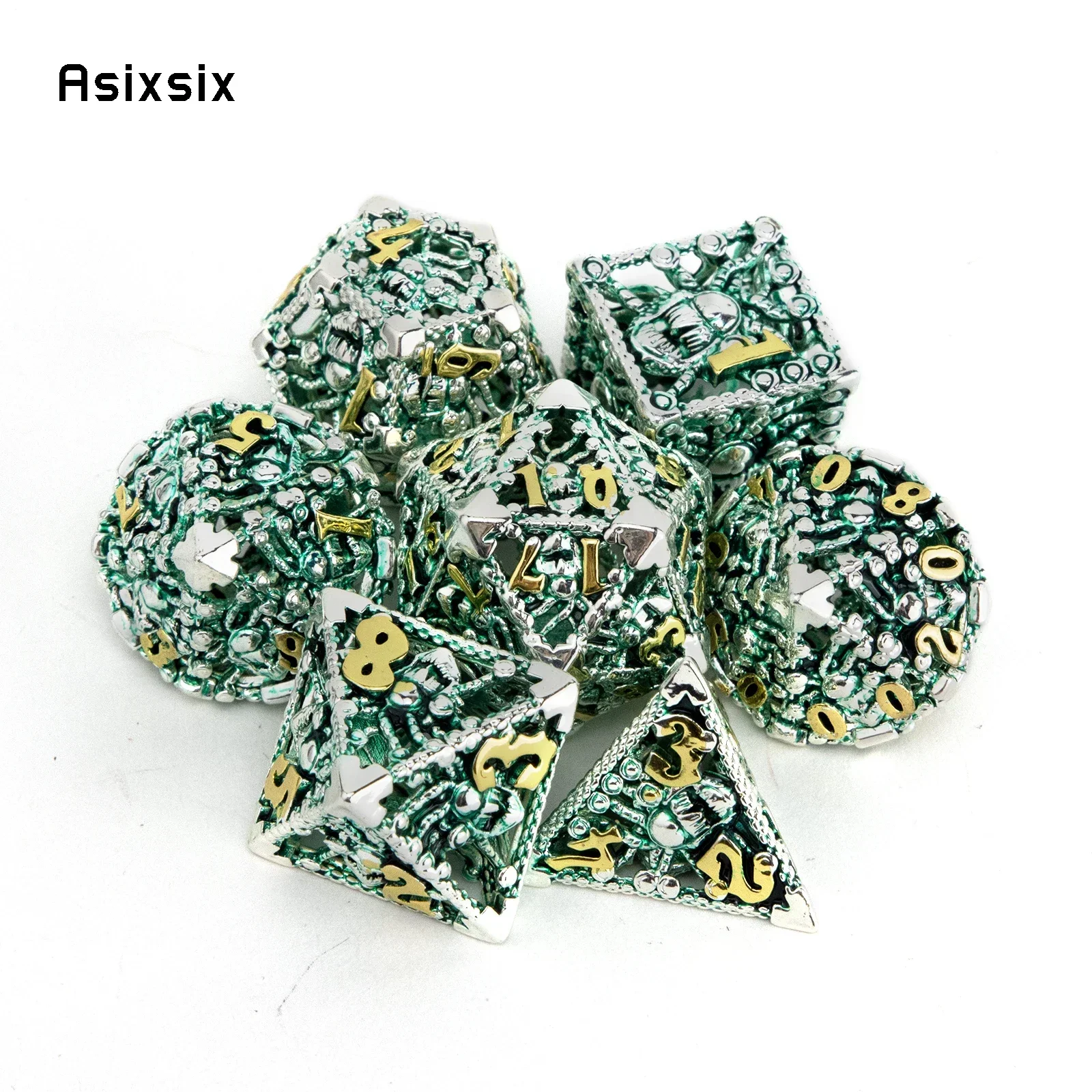 

7 Pcs Silver Green Octopus Metal Dice Hollow Metal Polyhedral Dice Set Suitable for Role-Playing RPG Board Game Gift