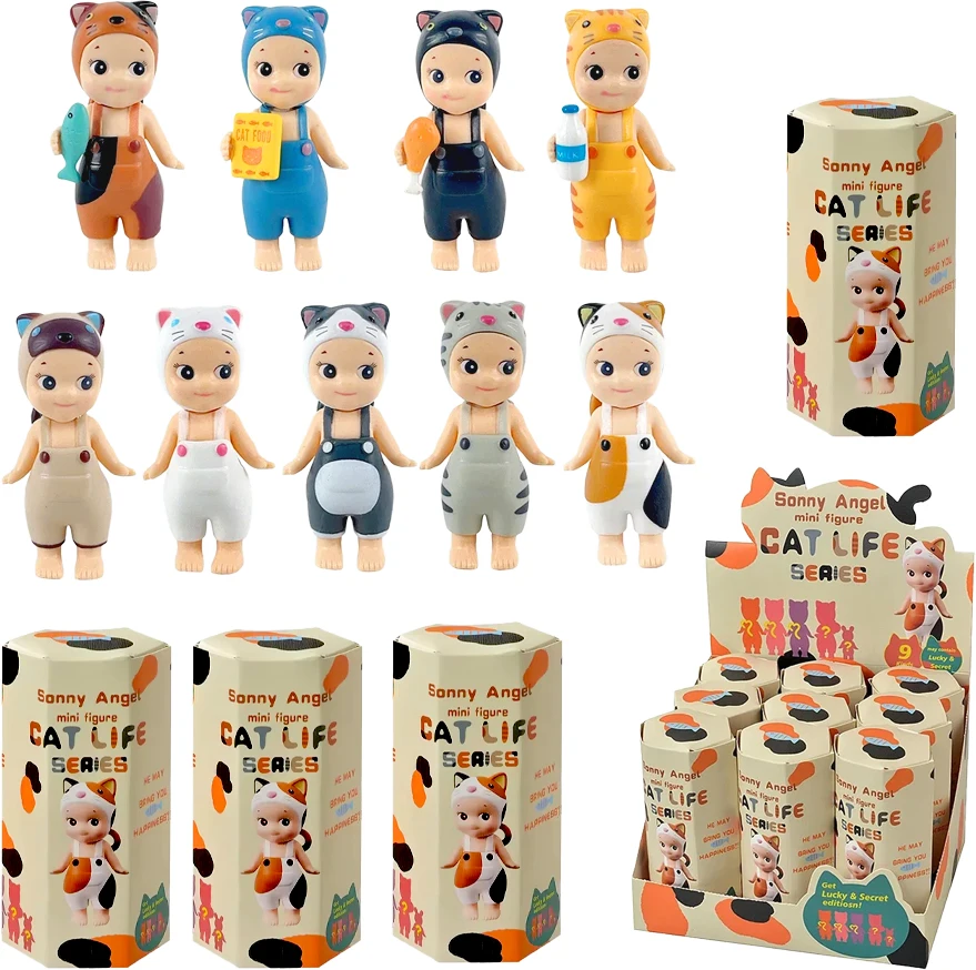SonnyAngel caja ciega de la serie Cat Life para niños, lindo bebé que lleva ropa de gato, Mini estatuilla, adornos de mesa, figu
