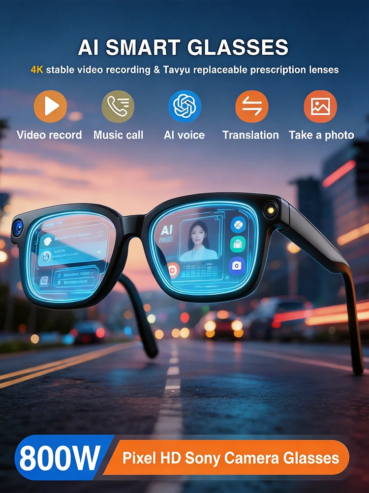 Neue KI-Smart-Brille mit 800W HD-Kamera, Videoaufnahme, KI-Fotogenerkennung, Sprachassistent, Bluetooth-Anruf, Übersetzung in über 150 Sprachen.