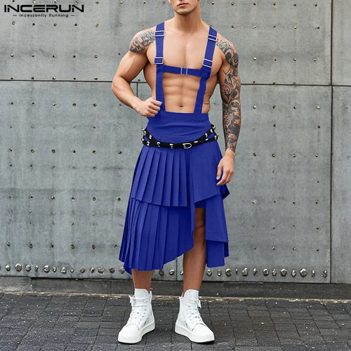 Imagen 2 del producto INCERUN, pantalones informales de verano y primavera para hombre, faldas plisadas irregulares, pantalones largos, ropa de calle informal, pantalones de pierna ancha para hombre