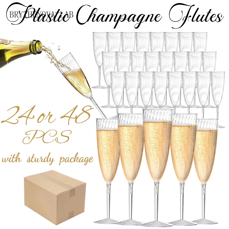 48Pcs 24/ Plastic Champagne Flutes Disposable Wine Glasses Reusable Bachelorette Party Supplies Birthday Toasting Wedding 6oz