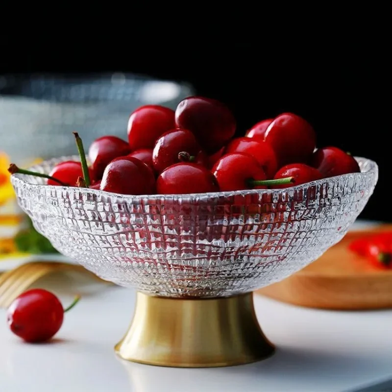 Nordic Luxury Fruit Plate Creative Home Thickened Kitchen Storage Tray High Footed Copper base Glass Fruit Tray