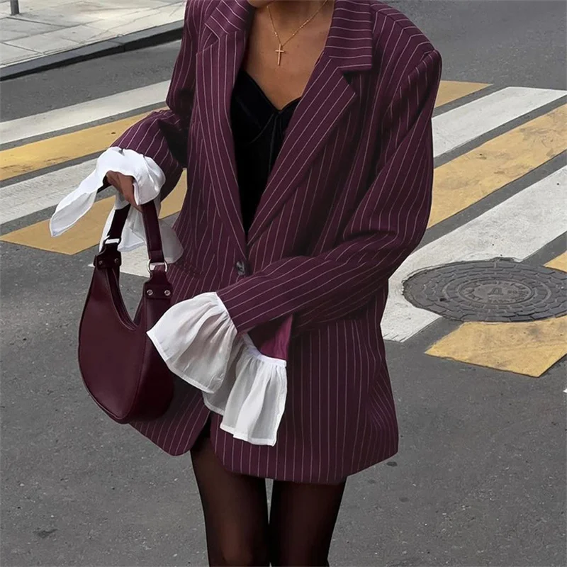 Women Elegant Striped Blazer Woman Lapel Long Flare Sleeve Suit Jacket 2025 Loose Casual Coat Female Fashion Spring Streetwear