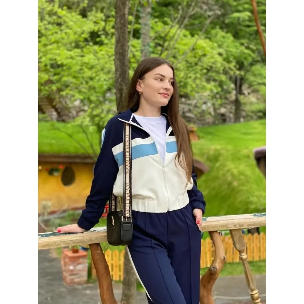 Women Fashion Autumn New ProductStripe Long Sleeve Zip Bomber Jacket Chic Female High Waist Jogging Pants Two-piece Set