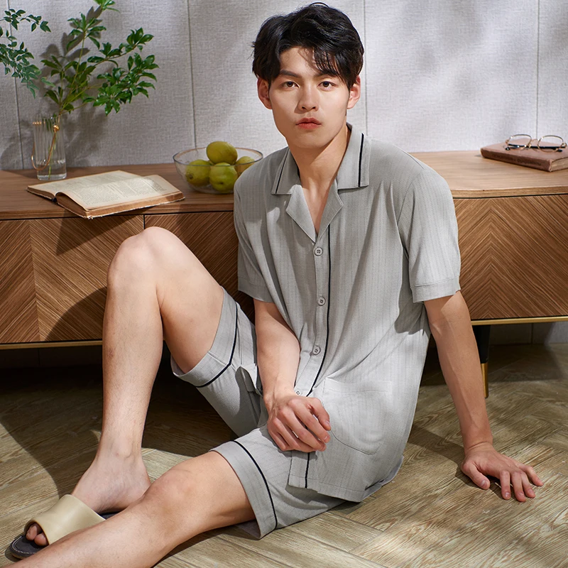 

Men Cardigan Pajamas Set Summer Modal Jacquard Male Pyjamas Loose Men Home Set Sleepwear Short-sleeve Tops + Short Pants 2pcs