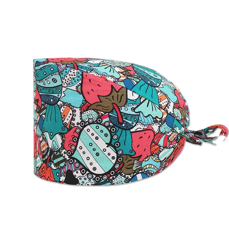 Cartoon Doctor Operating Room Pattern Printed Nursing Head Cap Lab Scrub Pet Hospital Surgical Hat Unisex Dentist Scrub Cap 2023