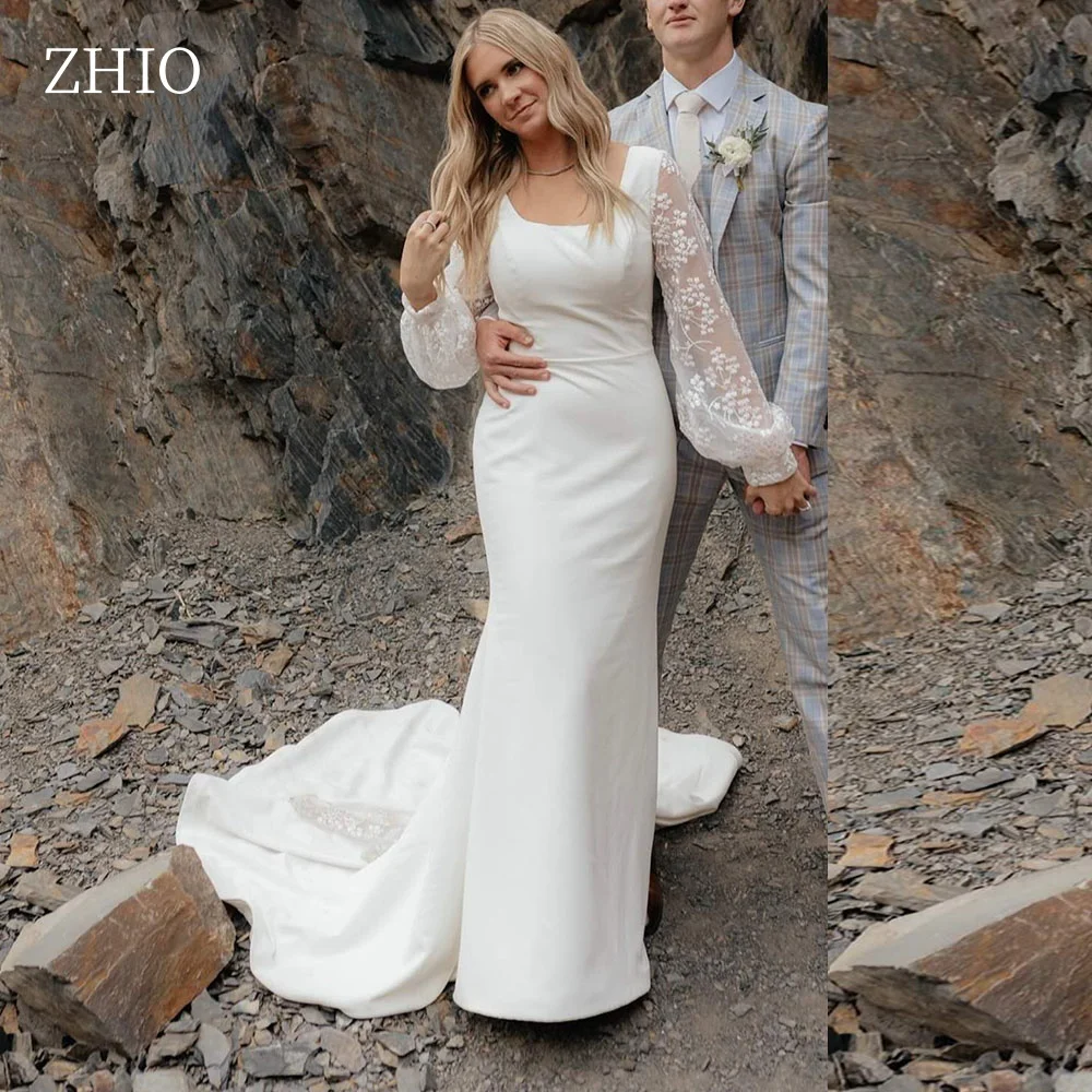 ZHIO فستان زفاف بسيط بياقة مربعة وأكمام طويلة حورية البحر فستان زفاف نسائي أمريكي مخصص أنيق فيستدو دي نوفيا