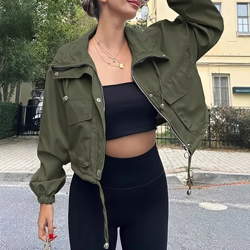 Women Zipped Short Jacket Streetwear Autumn Winter Elegant Slim Lapel Neck Solid Pocket Button Design Long Sleeve Coats Jackets