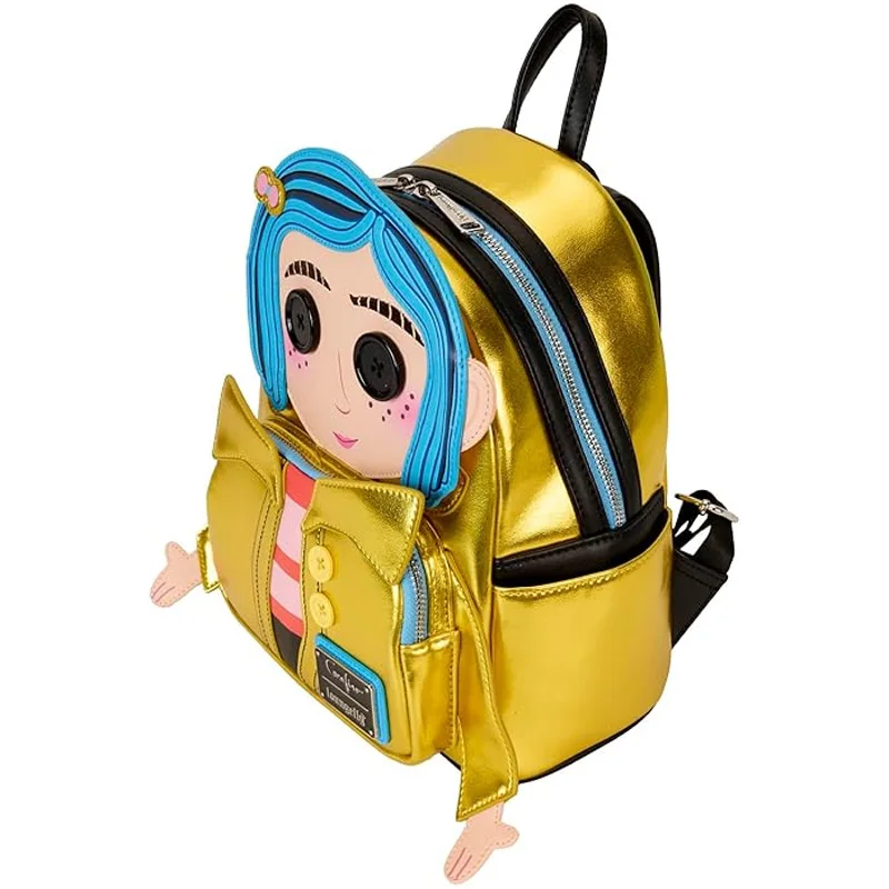 Fantasma mãe caroline amarelo capa de chuva botão olho mochila grande capacidade leve confortável estudante mochila presentes do dia das bruxas