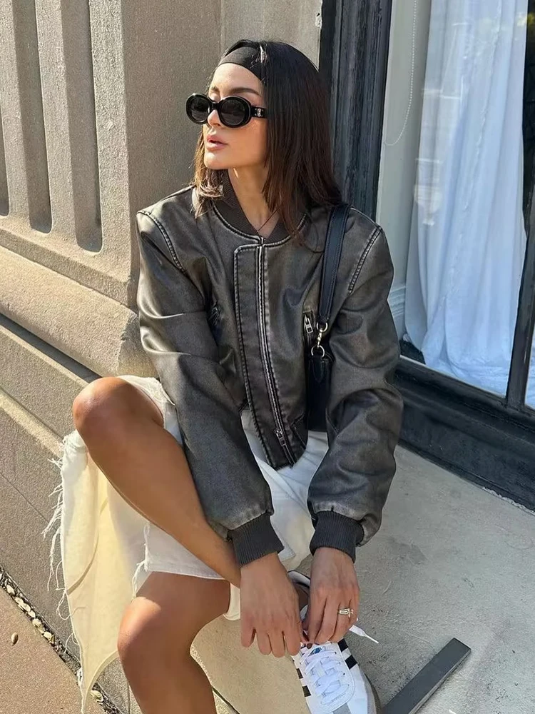 Streetwear Women Smart Faux Leather Short Jackets 2023 Autumn Fashion Ladies Vintage Motobiker Coat Chic Female Loose Outfits