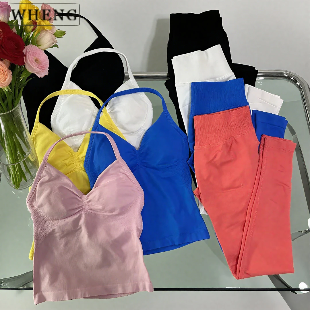 

WHENG комплект из 2 предметов для йоги, женские леггинсы для тренировок в тренажерном зале и майка для шеи, бесшовный комплект для йоги и фитнеса, одежда для пилатеса, спортивная одежда для тренировок