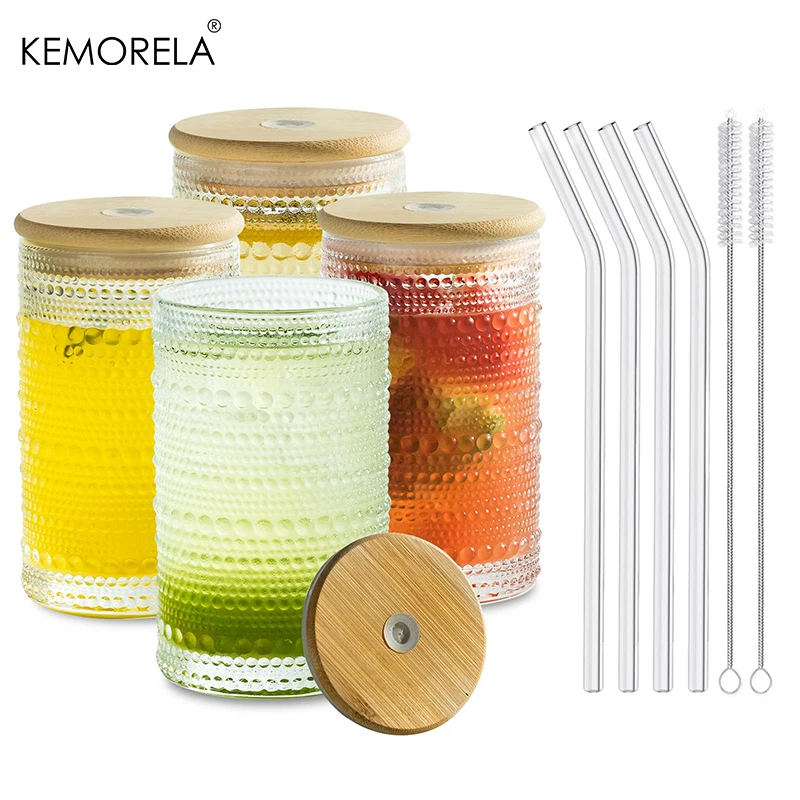 4PCS Hobnail Highball 12Oz Glasses Embossed Beaded Glass Cups with Lids and Straws For Cocktails Margaritas Beer Juice and More