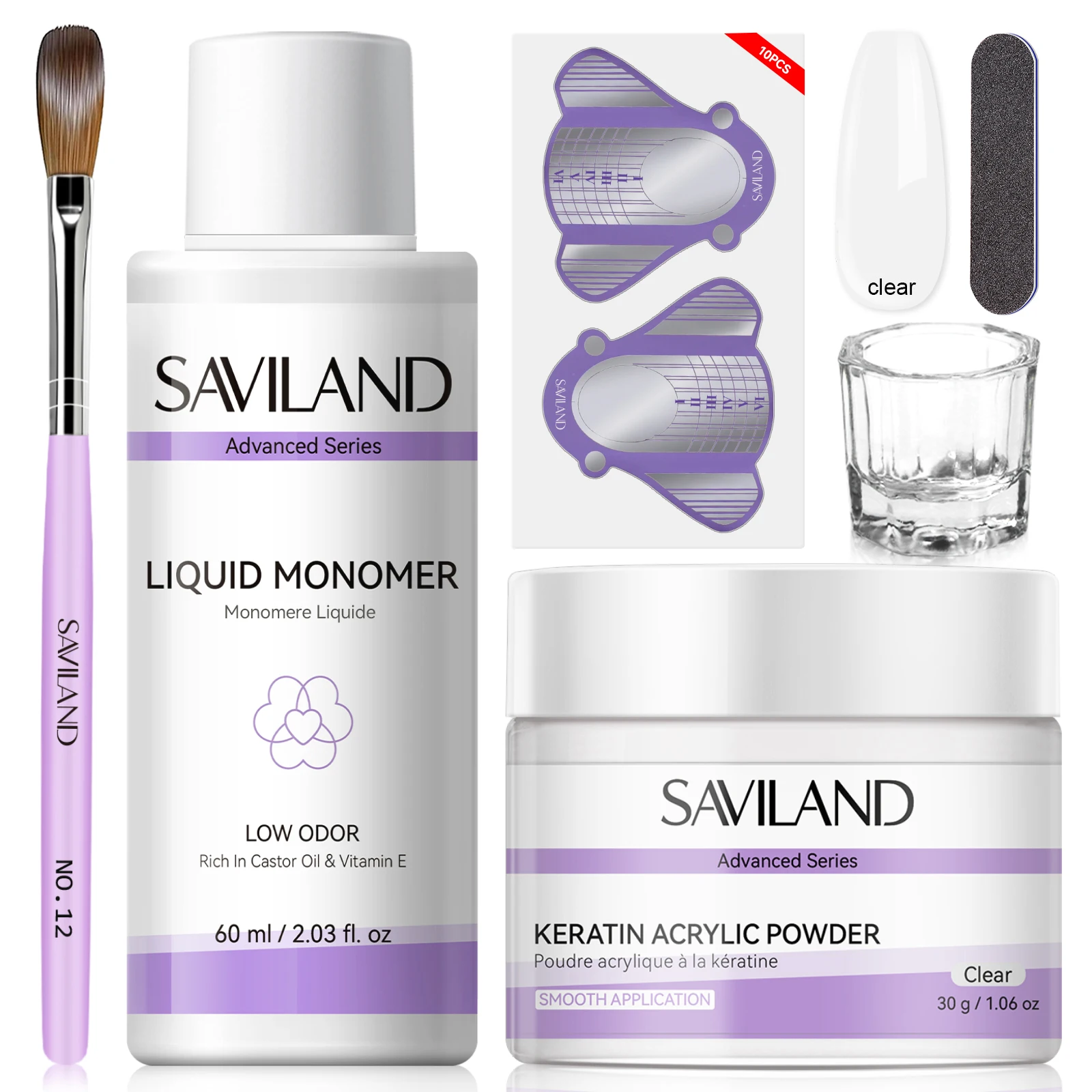 

SAVILAND Beginner Acrylic Nail Kit 30g Clear Acrylic Powder Liquid Set with Brush Forms Complete Nail Extension Tools Home Use