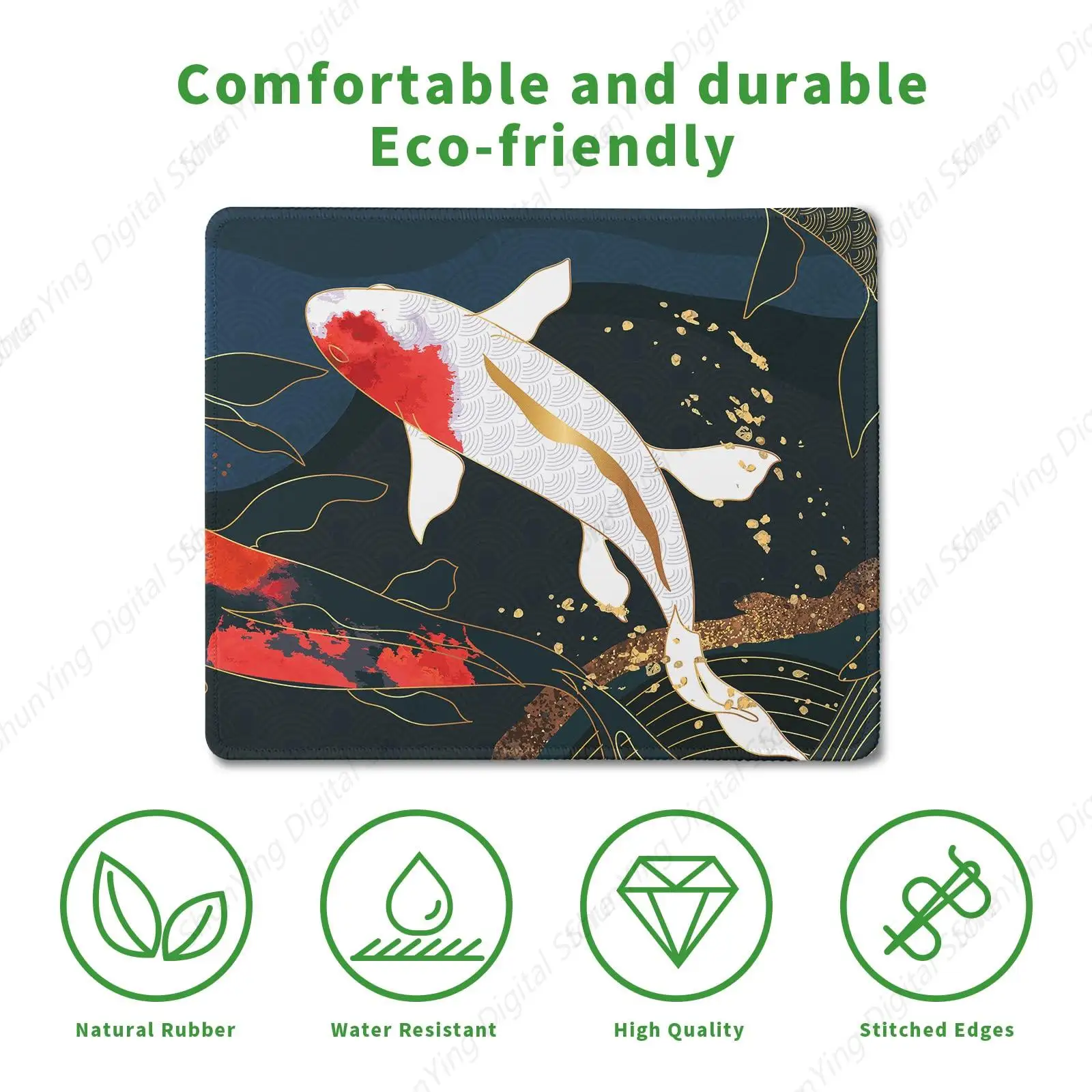 Koi Fish Printed Gaming Mouse Pad Non slip Rubber Base 8.6 X 7 Inch with Stitching Edge Laptop Mouse Pad Home Office